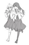  2girls absurdres ahoge commentary_request dress full_body greyscale highres holding_hands jacket koito_yuu long_hair long_sleeves looking_at_another monochrome multiple_girls nanami_touko nyamo open_mouth running school_uniform short_twintails smile tohmi_higashi_high_school_uniform twintails yagate_kimi_ni_naru 