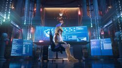  1girl 3d absurdres arch_linux architecture armor blender_(medium) blue_eyes blue_skirt boots brown_hair chair commission computer greco-roman_architecture greek_armor greek_helmet highres krita_(medium) linux long_hair looking_at_viewer monitor multiple_monitors original os-tan pillar raviolimavioli scenery sitting skirt solo urn 