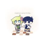  2boys basil_(faraway)_(omori) basil_(omori) black_eyes black_hair black_sweater_vest blonde_hair blue_eyes brown_shorts chibi collared_shirt flower green_sweater_vest hair_flower hair_ornament looking_at_viewer multiple_boys omori shirt short_hair short_sleeves shorts sr_ld_fr sunny_(omori) sweater_vest white_shirt 