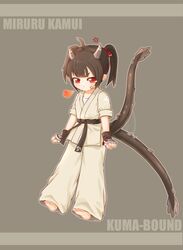  1girl absurdres ahoge anger_vein artist_name barefoot belt black_belt black_hair character_name chinese_commentary commentary_request dougi dragon_girl dragon_tail full_body grey_background highres horns kuma-bound martial_arts_belt medium_hair multiple_tails original pants pout red_eyes simple_background slit_pupils soles solo tail tearing_up toes twintails white_pants 