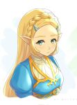  1girl blonde_hair braid closed_mouth cropped_torso crown_braid eyelashes gold_trim green_eyes highres light_frown long_hair pointy_ears princess_zelda safermii simple_background solo the_legend_of_zelda the_legend_of_zelda:_breath_of_the_wild upper_body white_background 
