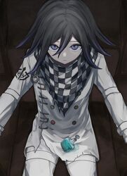  1boy black_hair bottle checkered_neckerchief closed_mouth danganronpa_(series) danganronpa_v3:_killing_harmony frown grey_jacket grey_pants hair_between_eyes jacket long_sleeves medium_hair mole mole_under_eye neckerchief ok_(oo0_dr) oma_kokichi pants pink_eyes purple_hair sitting solo white_jacket white_pants 