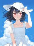  1girl adjusting_clothes adjusting_headwear black_hair blue_sky blush bow clouds dress grin hat hat_bow highres idolmaster idolmaster_shiny_colors looking_at_viewer morino_rinze parted_lips red_eyes short_hair sky smile solo straight-on upper_body white_bow white_dress white_hat yumeme_818 