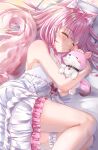  1girl absurdres animal_ear_fluff animal_ears antenna_hair armpits artist_name bare_shoulders bed blanket blush bow breasts choker closed_eyes hair_between_eyes hakui_koyori highres holding holding_stuffed_toy hololive kumoru_(kumoru_145) long_hair lying moonlight on_side open_mouth pillow pink_hair red_bow sleeping sleepwear stuffed_toy teeth thighs white_sleeves 