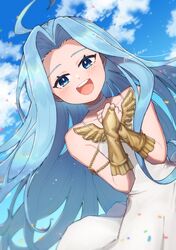  1girl absurdres ahoge blue_eyes blue_hair blue_sky bridal_gauntlets choker clouds dress gauntlets granblue_fantasy highres long_hair looking_at_viewer lyria_(granblue_fantasy) mochida_(omoch_mcmc) open_mouth sky solo very_long_hair white_choker white_dress 