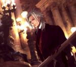  black_gloves black_suit blurry blurry_background candle candlestand column commentary_request cosplay dress_shirt dutch_angle erik_(phantom_of_the_opera) erik_(phantom_of_the_opera)_(cosplay) gloves grey_hair half_mask hand_on_railing hand_up high_collar indoors kingdom_hearts kingdom_hearts_ii light_smile long_hair looking_down mask minatoya_mozuku night parted_bangs phantom_of_the_opera photo_background pillar red_vest shirt spiky_hair standing suit vest white_shirt xemnas yellow_eyes 