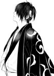  1boy bandaged_head bandages black_hair closed_mouth cma_cmakuma facing_to_the_side gintama greyscale hair_between_eyes hair_over_eyes head_tilt headband highres japanese_clothes kimono male_focus monochrome print_kimono short_hair solo takasugi_shinsuke upper_body white_background white_headband 