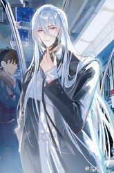  1boy absurdres arm_at_side black_coat black_mask black_ribbon black_shirt cael_anselm coat cuff_links hair_between_eyes hand_up highres jacket long_bangs long_hair long_sleeves looking_at_viewer lovebrush_chronicles male_focus mask mask_pull mouth_mask neck_ribbon open_clothes open_coat parted_lips people ribbon shirt sinko123 sleeves_past_wrists solo standing train_interior turtleneck upper_body violet_eyes white_hair white_jacket 