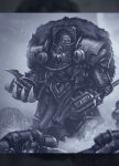  5boys adeptus_astartes armor bald bird_skull bird_skull_ornament black_legion bolter breastplate commentary couter cowboy_shot cuirass english_commentary eyes_of_horus_(warhammer_40k) gauntlets glowing glowing_eyes grey_armor greyscale grohgrog gun highres holding holding_bolter holding_gun holding_mace holding_weapon horus_lupercal leg_armor looking_to_the_side mace male_focus monochrome moon multiple_boys out_of_frame outdoors pauldrons pelt pelvic_curtain poleyn power_armor power_claw primarch rerebrace shoulder_armor size_difference solo_focus spiked_helmet spiked_mace spikes standing the_serpent&#039;s_scales_(warhammer) warhammer_40k weapon wolf_pelt 