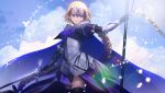  1girl armor battle_standard black_gloves black_thighhighs blonde_hair blue_cape cape chain closed_mouth clouds commentary_request cowboy_shot dress fate/grand_order fate_(series) flag glint gloves headpiece highres holding holding_flag holding_sword holding_weapon jeanne_d&#039;arc_(fate) jeanne_d&#039;arc_(ruler)_(fate) long_braid looking_at_viewer outdoors plackart purple_dress scabbard sheath sky smile solo standard_bearer sword thigh-highs tsukimoto_aoi vambraces weapon 