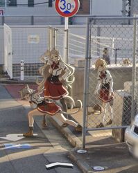  1boy 3girls :3 absurdres animal_ears arm_up artist_name blush book bow bowtie breasts brown_footwear car cat_ears cat_girl cat_tail chain-link_fence commentary dog_ears dog_girl dog_tail english_commentary fang fence google_maps google_street_view grey_hair hand_up high_school_girls_posing_for_google_street_view_(meme) highres kneepits large_breasts loafers long_hair long_sleeves looking_at_another looking_at_viewer meme motor_vehicle multiple_girls mushoku_tensei norn_greyrat one_eye_closed outdoors parted_lips photo-referenced pursena_adoldia raised_curb ranoa_magic_academy_school_uniform red_bow red_bowtie red_eyes red_skirt rinia_dedoldia road_sign rudeus_greyrat school_uniform shirt shoes short_hair sidelighting sign skirt socks standing tail v v-shaped_eyebrows white_shirt white_socks yinxelh 