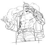  1boy bare_pectorals beard_stubble belt character_name chinese_commentary cigar commentary_request cowboy_shot facial_hair fur-trimmed_jacket fur_trim gloves highres holding holding_weapon jacket large_pectorals looking_at_viewer male_focus muscular muscular_male mush820823 one_piece pants pectorals short_hair simple_background smoke smoker_(one_piece) solo stitched_face stitches stubble undercut weapon 