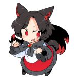 1girl animal_ears black_hair blush dress fang frilled_sleeves frills full_body imaizumi_kagerou ini_(inunabe00) long_hair long_sleeves multicolored_clothes multicolored_dress open_mouth red_dress red_eyes simple_background smile solo tail touhou white_background white_dress wide_sleeves wolf_ears wolf_tail 
