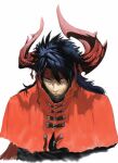  1boy 200_percent absurdres black_hair black_shirt cloak demon_horns fangs fangs_out final_fantasy final_fantasy_vii final_fantasy_vii_rebirth final_fantasy_vii_remake furrowed_brow hair_between_eyes headband highres horns long_hair looking_at_viewer male_focus portrait red_cloak red_eyes red_headband red_horns shirt solo spiky_hair upper_body vincent_valentine white_background 
