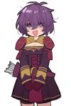  1girl antenna_hair arrow_(projectile) bernadetta_von_varley blush cleavage_cutout clothing_cutout do_m_kaeru dress fire_emblem fire_emblem:_three_houses gloves jitome looking_at_viewer messy_hair official_alternate_costume open_mouth own_hands_together purple_dress purple_hair quiver red_gloves shoulder_pads simple_background solo violet_eyes white_background 