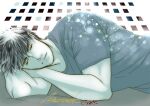 1boy berserk character_name closed_eyes closed_mouth commentary_request copyright_name guts_(berserk) kame_(jeycobsry) lying male_focus on_side shirt short_hair short_sleeves sleeping solo t-shirt upper_body 