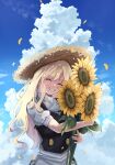  1girl :d ^_^ apron black_vest blonde_hair blue_sky closed_eyes clouds commentary_request cumulonimbus_cloud dappled_sunlight day erisauria facing_viewer flower frilled_apron frills grin hair_between_eyes hands_up happy hat highres holding holding_flower kirisame_marisa long_hair outdoors puffy_short_sleeves puffy_sleeves shirt short_sleeves sidelighting sidelocks sky smile solo straw_hat sunflower sunlight touhou turtleneck upper_body vest waist_apron wavy_hair white_apron white_shirt 