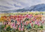 akemisuisai blue_sky building clouds cloudy_sky day flower forest grasslands highres mountain mountainous_horizon nature no_humans original painting_(medium) red_flower scenery sky town traditional_media watercolor_(medium) 