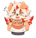  1boy arknights birthday_cake black_shirt cake chibi chinese_commentary colored_tips commentary_request fang food furry furry_male happy_birthday highres holding holding_plate horns hung_(arknights) komainu_boy komainu_ears looking_at_viewer male_focus multicolored_hair notice_lines open_mouth orange_eyes plate second-party_source shirt single_horn sleeveless sleeveless_shirt smile upper_body wang_yzzx white_background 