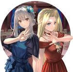 2girls anniversary bare_arms bare_shoulders blonde_hair blue_dress blue_eyes braid breasts choker closed_mouth commentary crown_braid dress final_fantasy final_fantasy_brave_exvius flower glaciela_wezette grey_hair hair_flower hair_ornament hand_up highres hirono_(hxze4434) long_hair looking_at_viewer macherie_hourne medium_breasts multiple_girls open_hand parted_bangs red_choker red_dress red_eyes sidelocks smile upper_body war_of_the_visions:_final_fantasy_brave_exvius 