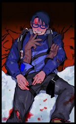  1boy backpack bag black_border black_eyes bleeding bleeding_from_forehead blood blood_on_snow blue_jacket border breath broken_eyewear brown_gloves commentary_request curtained_hair foot_out_of_frame glasses gloves grin harness highres jacket kyouki_sanmyaku_~jashin_no_itadaki~ long_sleeves looking_at_viewer lying male_focus mouth_hold napoli_no_otokotachi on_back paguraisu pants scratches shiumi_saburou shoes short_hair smile snow solo teeth_hold torn_clothes torn_pants untying unworn_gloves yellow_footwear zipper 