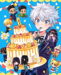  ! 2girls 6+boys alluka_zoldyck balloon birthday_cake biscuit_krueger black_footwear black_hair black_jacket black_necktie black_pants black_suit blonde_hair blue_background blue_eyes blue_jacket blue_pants blue_shirt blue_suit blue_sweater_vest blunt_bangs bob_cut bow bowtie box brothers brown_eyes brown_hair cake canary_(hunter_x_hunter) character_request chibi closed_eyes collared_shirt confetti crossed_arms dark-skinned_female dark-skinned_male dark_skin dreadlocks drill_hair facing_away flower food food_on_face fruit gift gift_box gloves gon_freecss green_pants green_shirt green_shorts grey_hair hair_between_eyes hair_ribbon hairband highres holding holding_box holding_food holding_gift hood hoodie hunter_x_hunter illumi_zoldyck jacket japanese_clothes kalluto_zoldyck killua_zoldyck kimono kurapika leorio_paladiknight long_hair maki_haruki multiple_boys multiple_girls necktie otoko_no_ko pants party_popper peach pennant pink_(rakurakutei_ramen) pink_shirt pom_pom_(clothes) raspberry red_eyes ribbon shirt short_hair shorts siblings skateboard spiky_hair strawberry striped_bow striped_bowtie striped_clothes suit sweater_vest thick_lips twin_drills twitter_username upper_body utensil_in_mouth white_beanie white_flower white_gloves white_shirt yellow_hoodie 