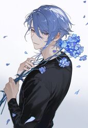  1boy black_shirt blue_hair closed_mouth falling_petals flower genshin_impact hair_between_eyes highres holding holding_flower illix233 kamisato_ayato long_sleeves looking_at_viewer male_focus parted_bangs petals purple_flower purple_hair shirt short_hair simple_background solo swept_bangs upper_body white_background 