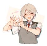  1boy blush character_request closed_eyes collared_shirt ensemble_stars! facing_viewer grey_sweater_vest hands_up happy heart heart_hands necktie open_mouth red_necktie sapphire_(nine) shirt short_sleeves simple_background smile solo sweater_vest white_background white_shirt 