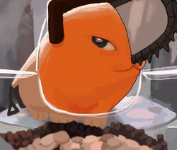  animal_focus chainsaw chainsaw_man closed_mouth commentary creature food full_body goldenpenhd highres looking_at_viewer meme mr._fresh no_humans pet_food photo-referenced pochita_(chainsaw_man) solo 