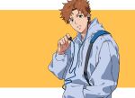  1boy asamine_matakara blue_eyes blue_hoodie brown_hair bucchigiri?! earphones earphones hand_in_pocket highres holding hood hoodie looking_at_viewer male_focus open_mouth parted_lips rectangle removing_earbuds short_hair simple_background upper_body yellow_background 