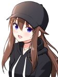  1girl :d baseball_cap black_hat black_jacket blue_eyes blush brown_hair choker commentary hat highres hololive ishida_aya jacket jewelry long_hair looking_at_viewer mixed-language_commentary necklace o-ring o-ring_choker simple_background smile solo star_(symbol) star_necklace tokino_sora tokino_sora_(streetwear) twitter_username upper_body virtual_youtuber white_background 