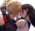  1boy 1girl armor bare_shoulders black_gloves black_hair black_sports_bra blonde_hair blue_sweater blush close-up closed_eyes closed_mouth cloud_strife couple crop_top earrings english_commentary facing_another final_fantasy final_fantasy_vii final_fantasy_vii_rebirth final_fantasy_vii_remake fingerless_gloves flower from_side gloves hand_on_another&#039;s_chin highres holding holding_another&#039;s_arm holding_flower imminent_kiss jewelry long_hair nosleeparewe parted_lips profile short_hair shoulder_armor single_arm_guard single_bare_shoulder single_earring sleeveless sleeveless_turtleneck spiky_hair sports_bra suspenders sweater tank_top tifa_lockhart turtleneck turtleneck_sweater upper_body white_background white_tank_top yellow_flower 