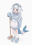  1girl absurdres apron bandaid bandaid_on_knee bandaid_on_leg blue_eyes blue_footwear blue_hair blue_jacket fins fish_tail frills full_body gawr_gura grey_hair hair_ornament highres hololive jacket long_sleeves loose_socks maid multicolored_hair open_mouth oreoreoreo shark_girl shark_tail sharp_teeth simple_background sleeves_past_fingers sleeves_past_wrists socks solo standing streaked_hair tail teeth track_jacket two_side_up unconventional_maid virtual_youtuber white_apron white_background white_socks 