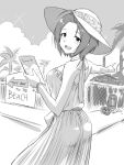  1girl antenna_hair bare_shoulders blush breasts chimney clouds cloudy_sky cowboy_shot dot_nose dress drum_(container) factory forehead greyscale hat highres holding idolmaster idolmaster_million_live! idolmaster_million_live!_theater_days large_breasts looking_back matcha_kingyo miura_azusa monochrome open_mouth palm_leaf palm_tree pamphlet pointing pointing_forward ribbon road see-through see-through_dress shade short_hair sidelocks signpost sky sleeveless sleeveless_dress smile solo sparkle standing sun_hat tire tree wire_fence 