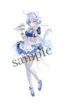  1girl alternate_costume animal_ear_fluff animal_ears apron bell blue_dress blue_eyes blue_footwear blue_gloves blue_hair bow cat_ears cat_girl cat_tail closed_mouth dress enmaided frilled_apron frilled_dress frills furina_(genshin_impact) genshin_impact gloves grey_hair hair_between_eyes hair_intakes half_gloves high_heels highres jingle_bell kemonomimi_mode maid maid_headdress multicolored_hair neck_bell omelet_tomato puffy_short_sleeves puffy_sleeves sample_watermark shoes short_sleeves signature simple_background solo streaked_hair striped_bow tail thigh-highs watermark white_apron white_background white_gloves white_thighhighs wrist_cuffs 