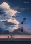  1girl blue_sky clouds cloudy_sky highres kasugano_sora lefko_d mountainous_horizon ocean scenery sitting sky solo stuffed_animal stuffed_rabbit stuffed_toy traffic_light yosuga_no_sora 