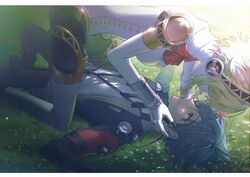  aegis_(persona) black_jacket blonde_hair blue_hair bow bowtie couple flower gekkoukan_high_school_uniform girl_on_top grass headset highres jacket joints lanyard looking_at_another lying mechanical_arms mechanical_legs on_back on_ground oxnxgolfqt76300 parted_lips persona persona_3 red_bow red_bowtie robot_girl robot_joints school_uniform shirt white_shirt yuuki_makoto_(persona_3) 