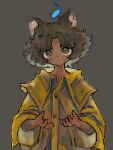  1boy animal brown_eyes brown_hair cat_boy closed_mouth coat collared_coat commentary_request dark-skinned_male dark_skin grey_background hands_up highres long_sleeves looking_at_viewer male_focus mouse_(animal) notched_ear original shima_(wansyon144) short_hair simple_background solo upper_body wide_sleeves yellow_coat 