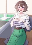  1girl :o absurdres belt_buckle blush brown_hair buckle commentary_request cup flying_sweatdrops gakuen_idolmaster green_pants highres idolmaster indoors looking_at_viewer mug neo_asari nose_blush nya_(xduy2738) pants shirt shirt_tucked_in short_hair short_sleeves sitting solo striped_clothes striped_shirt sweatdrop violet_eyes watch watch 