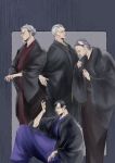  4boys absurdres adam&#039;s_apple akane-banashi arakawa_ikken arakawa_isshou arakawa_shiguma arakawa_taizen beard black_kimono cheekbones facial_hair grey_background grey_hair hair_slicked_back highres japanese_clothes kimono looking_at_viewer multicolored_hair multiple_boys mustache old old_man short_hair sideburns_stubble sitting souki1203 standing streaked_hair stubble thick_eyebrows two-tone_hair white_hair 