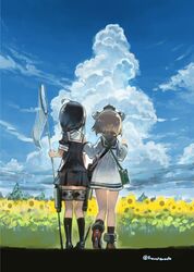  2girls black_hair black_skirt black_socks blue_sky brown_hair butterfly_net clouds day dress field flower flower_field from_behind hand_net hand_on_another&#039;s_shoulder headgear kantai_collection kneehighs konno_takashi long_sleeves multiple_girls outdoors pointing sailor_collar sailor_dress school_uniform serafuku shigure_(kancolle) shoes short_hair short_sleeves skirt sky socks standing sunflower white_dress white_sailor_collar yukikaze_(kancolle) 