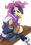  1girl akari_(pokemon) blue_hair blue_pants closed_eyes closed_mouth clothed_pokemon crying fire flower head_scarf highres hisuian_typhlosion japanese_clothes kimono leg_warmers long_hair open_mouth pants pokemon pokemon_legends:_arceus purple_fire purple_kimono red_eyes scarf simple_background sitting smile solo tears white_background white_flower white_scarf yunme 