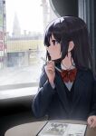  1girl black_hair black_vest blue_jacket blush bow cityscape drawing_tablet hand_on_table highres holding holding_pen indoors jacket keiyo_earth lamppost long_hair looking_outside original pen red_bow school_uniform shirt solo uniform vest violet_eyes white_shirt window 
