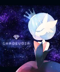  alternate_color black_dress black_gloves blue_hair bob_cut character_name closed_eyes colored_skin crown dress elbow_gloves from_side gardevoir gloves iogi_(iogi_k) mega_gardevoir mega_pokemon own_hands_together pokemon pokemon_(creature) shiny_pokemon smile starry_background white_skin 