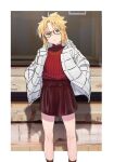  1girl bad_id bad_twitter_id blonde_hair border commentary_request fate/apocrypha fate_(series) feet_out_of_frame glasses green_eyes hands_in_pockets jacket kerorira long_hair long_sleeves looking_at_viewer mordred_(fate) ponytail red-framed_eyewear red_skirt red_sweater ribbed_sweater shadow skirt solo standing sweater turtleneck turtleneck_sweater white_border white_jacket 