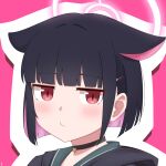  1girl animal_ears black_choker black_hair black_jacket blue_archive blunt_bangs bob_cut cat_ears cat_girl choker close-up colored_inner_hair commentary_request extra_ears hair_ornament hairclip halo highres hood hooded_jacket jacket kazusa_(blue_archive) long_sleeves looking_at_viewer multicolored_hair red_eyes school_uniform serafuku short_hair sidelocks simple_background solo stryx two-tone_hair 