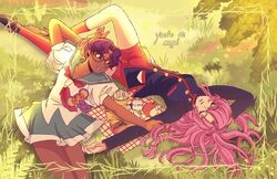  2girls apple bad_id bad_twitter_id bindi black_jacket closed_eyes commentary dark-skinned_female dark_skin english_commentary english_text food fruit glasses green_eyes green_sailor_collar green_skirt hair_spread_out highres himemiya_anthy jacket long_hair lying multiple_girls on_back on_grass ootori_gakuen_school_uniform parted_bangs picnic pink_hair pupshinji purple_hair red_shorts red_socks sailor_collar school_uniform shirt shorts shoujo_kakumei_utena skirt socks tenjou_utena white_shirt yuri 