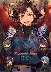  5boys :d aqua_shirt arms_behind_head asymmetrical_bangs asymmetrical_hair baseball_bat bishounen black_gloves black_hair buttons character_name chibi chibi_inset cowboy_shot dress_shirt ear_piercing earrings ensemble_stars! fangs film_grain gloves hands_up happy_birthday highres holding holding_baseball_bat inset jacket jewelry light_particles male_focus midriff_peek morisawa_chiaki multicolored_hair multiple_boys multiple_necklaces nagumo_tetora navel necklace official_alternate_costume open_clothes open_jacket open_mouth orange_eyes pants piercing print_jacket red_jacket redhead ryuuseitai_(ensemble_stars!) sengoku_shinobu shinkai_kanata shirt shirt_tucked_in short_hair side_part sleeves_past_elbows smile solo_focus straight-on streaked_hair swept_bangs takamine_midori tama_(songe) teeth upper_teeth_only white_pants 