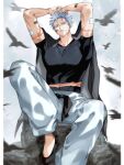  1boy absurdres armpits arms_up bandaid bandaid_on_arm bandaid_on_face bird black_footwear black_shirt blue_background crow foot_out_of_frame gojou_satoru highres jujutsu_kaisen male_focus pants scar scar_on_arm scar_on_stomach shirt short_sleeves solo torn_clothes torn_shirt white_pants yoon_(dmsco1803) 