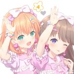  2girls :d ;p aqua_eyes bead_bracelet beads blush bow bow_earrings bow_hairband bowtie bracelet brown_hair choker closed_mouth collarbone commentary crossed_bangs dress earrings flower_(symbol) fujishima_megumi hair_ornament hairband hairclip happy_shijoushugi!_(love_live!) heart heart_choker heart_earrings heart_hair_ornament heart_ring highres hinoshita_kaho jewelry link!_like!_love_live! long_hair looking_at_viewer love_live! medium_hair multiple_girls one_eye_closed open_mouth orange_hair pink_bow pink_bowtie pink_choker pink_dress pink_hairband puffy_short_sleeves puffy_sleeves rabbit_pose ring short_sleeves simple_background smile star_bracelet symbol-only_commentary tongue tongue_out two_side_up upper_body violet_eyes white_background white_bow yutuki_ame 